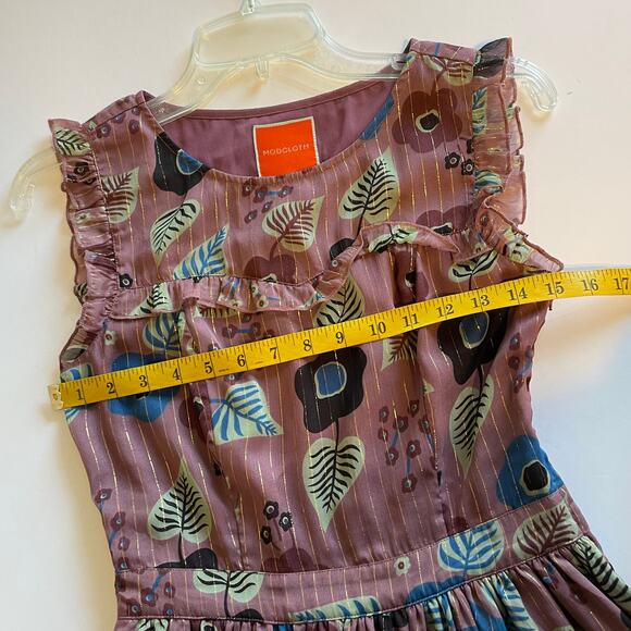 Modcloth Ruffled Floral Midi Dress Womens Small Mauve Purple Metallic Tiered - Picture 12 of 13